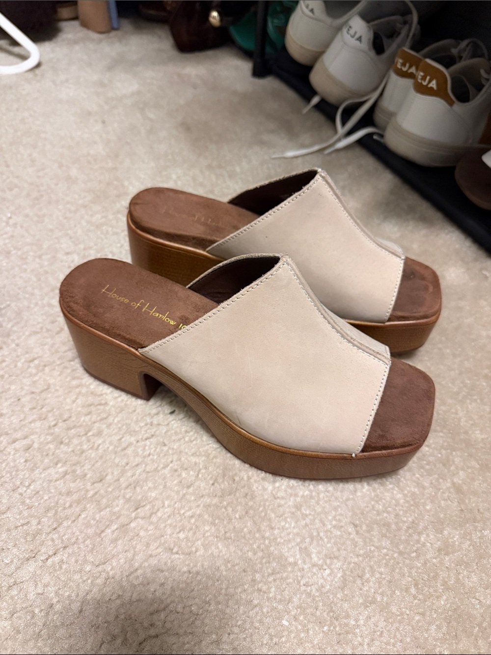 House of Harlow 1960 Cream Leather Slide Clogs with Tan Platform